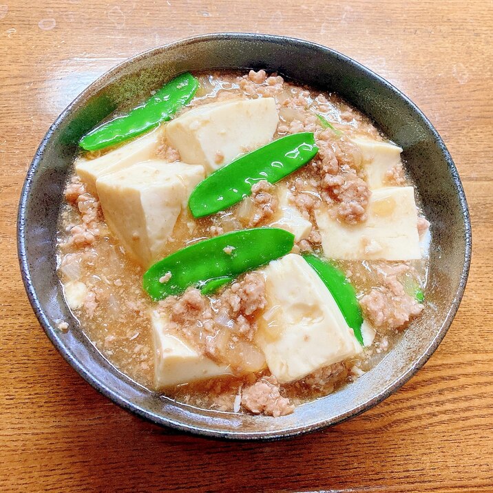 豆腐と絹さやのひき肉あんかけ